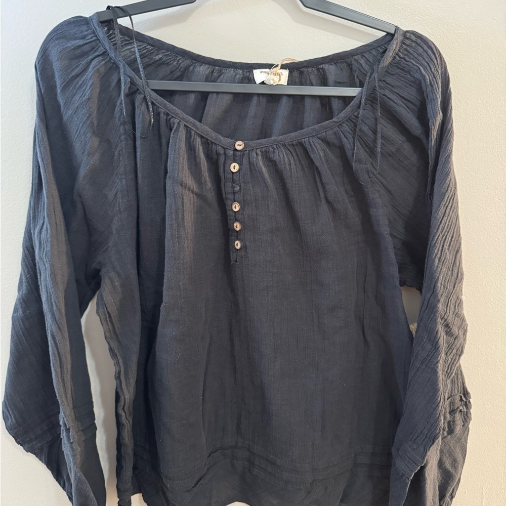 Women's Black Peasant Blouse - Relaxed Button Front